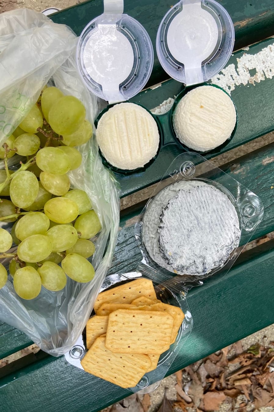 cheeses in plastic boxes and some crackers sitting on a bench